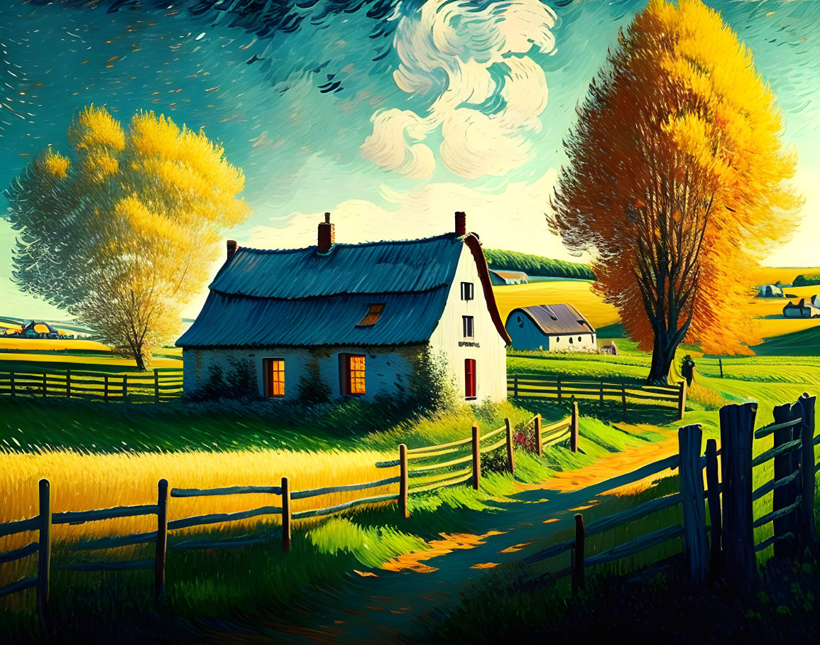 Colorful rural landscape with cozy cottage and swirling sky