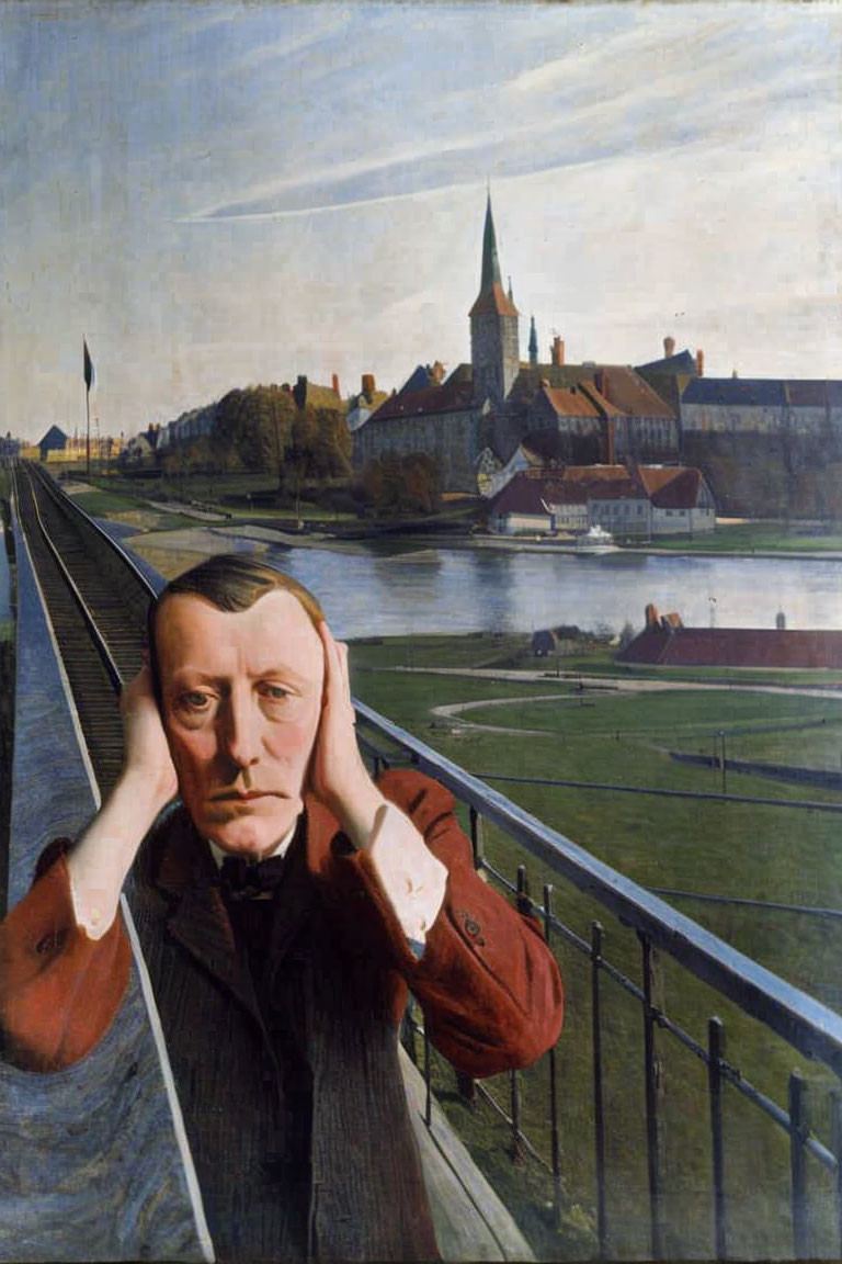 Man sitting by river with hands covering ears in front of town landscape