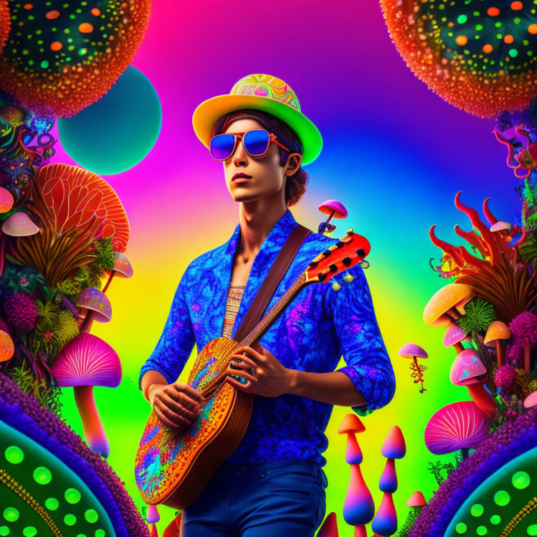Person with Guitar in Psychedelic Mushroom Scene, Blue Shirt, Sunglasses, Colorful Hat
