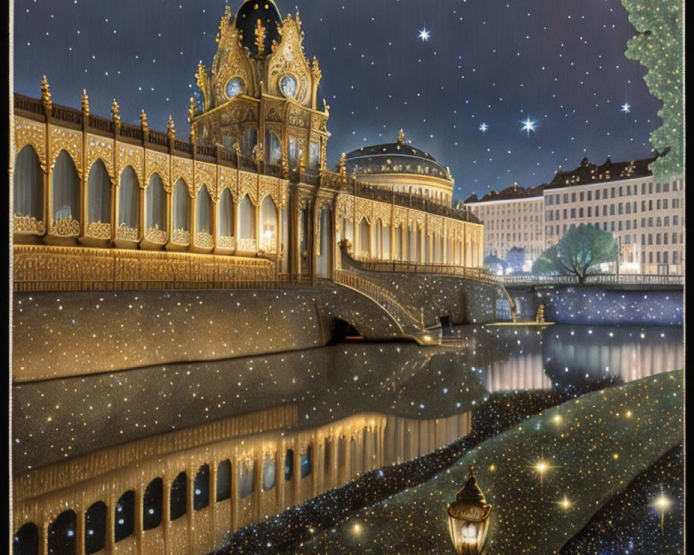Golden palace with clock tower by river under starry night sky