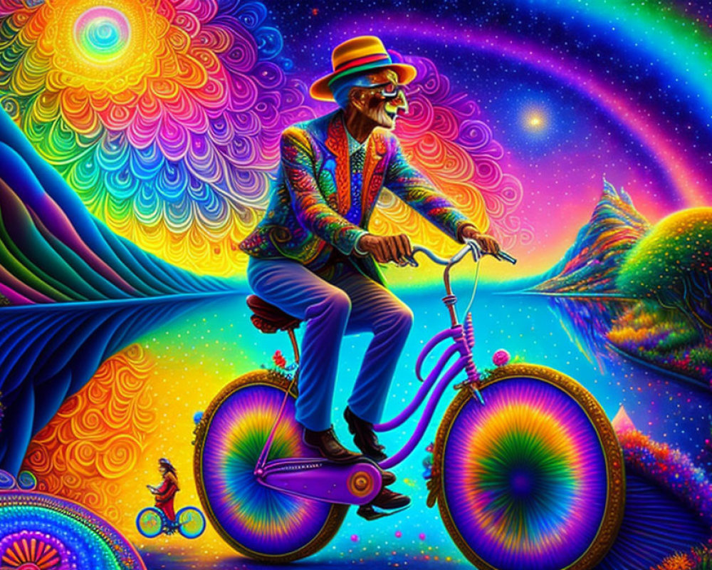 Colorful Psychedelic Art: Stylish Man on Bicycle in Fantastical Universe