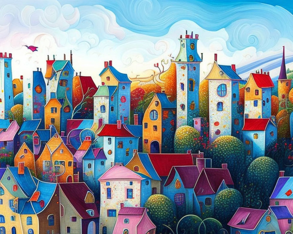 Colorful whimsical painting of vibrant village with tall houses, rolling hills, and swirling sky.