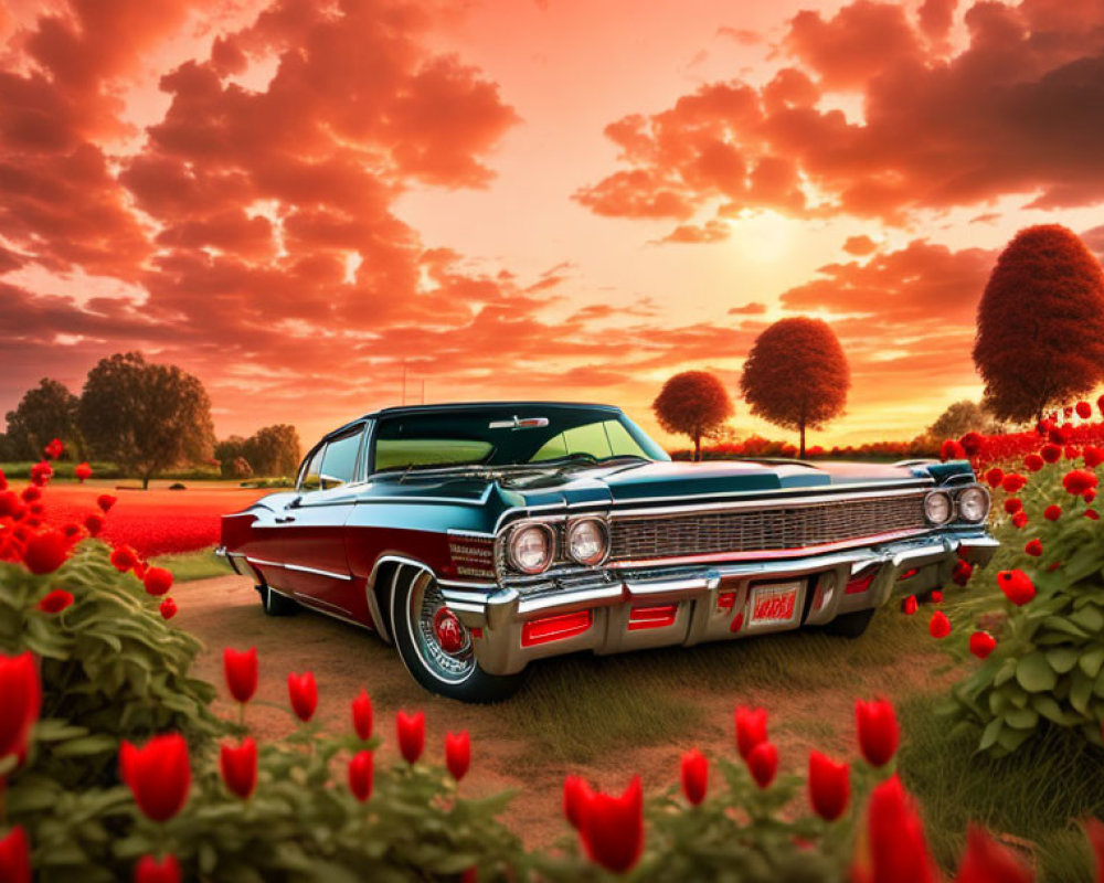 Vintage car parked in red tulip field under dramatic sunset sky