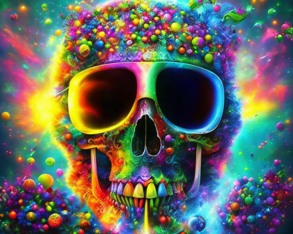 Colorful Psychedelic Skull with Sunglasses in Swirling Background