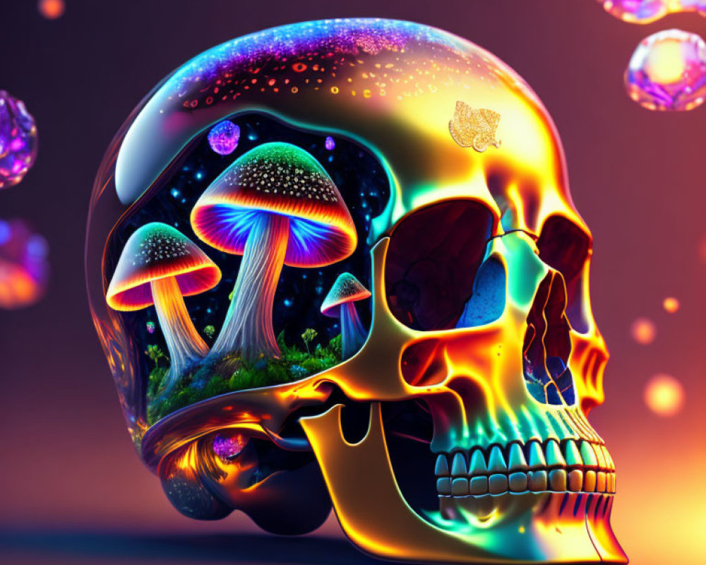 Colorful psychedelic skull with mushrooms and butterfly on dark background