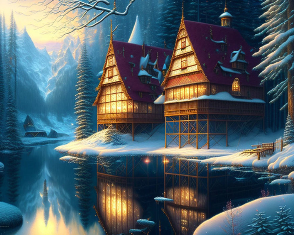 Traditional Wooden House by Snow-Covered Lake and Mountains at Dusk