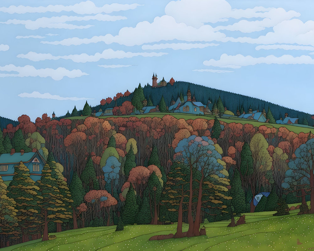 Vibrant stylized autumn landscape with rolling hills and scattered houses