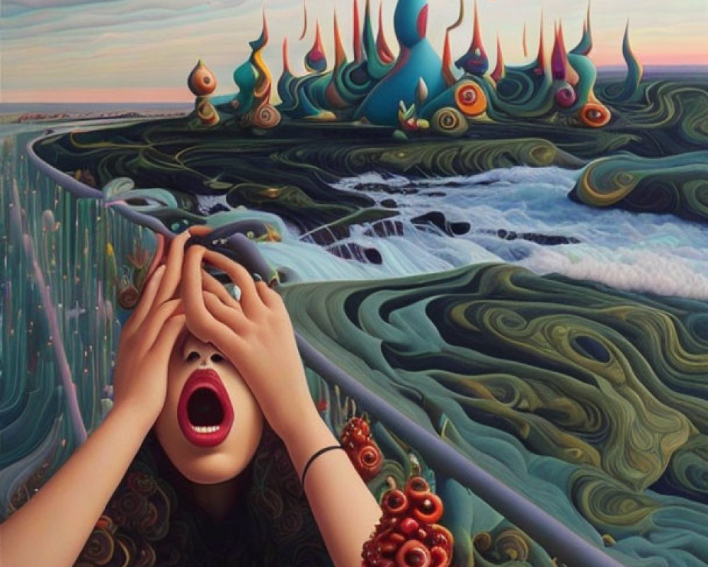 Colorful Surreal Painting of Person with Hands on Face