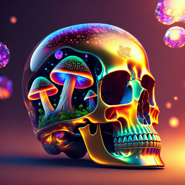 Colorful psychedelic skull with mushrooms and butterfly on dark background