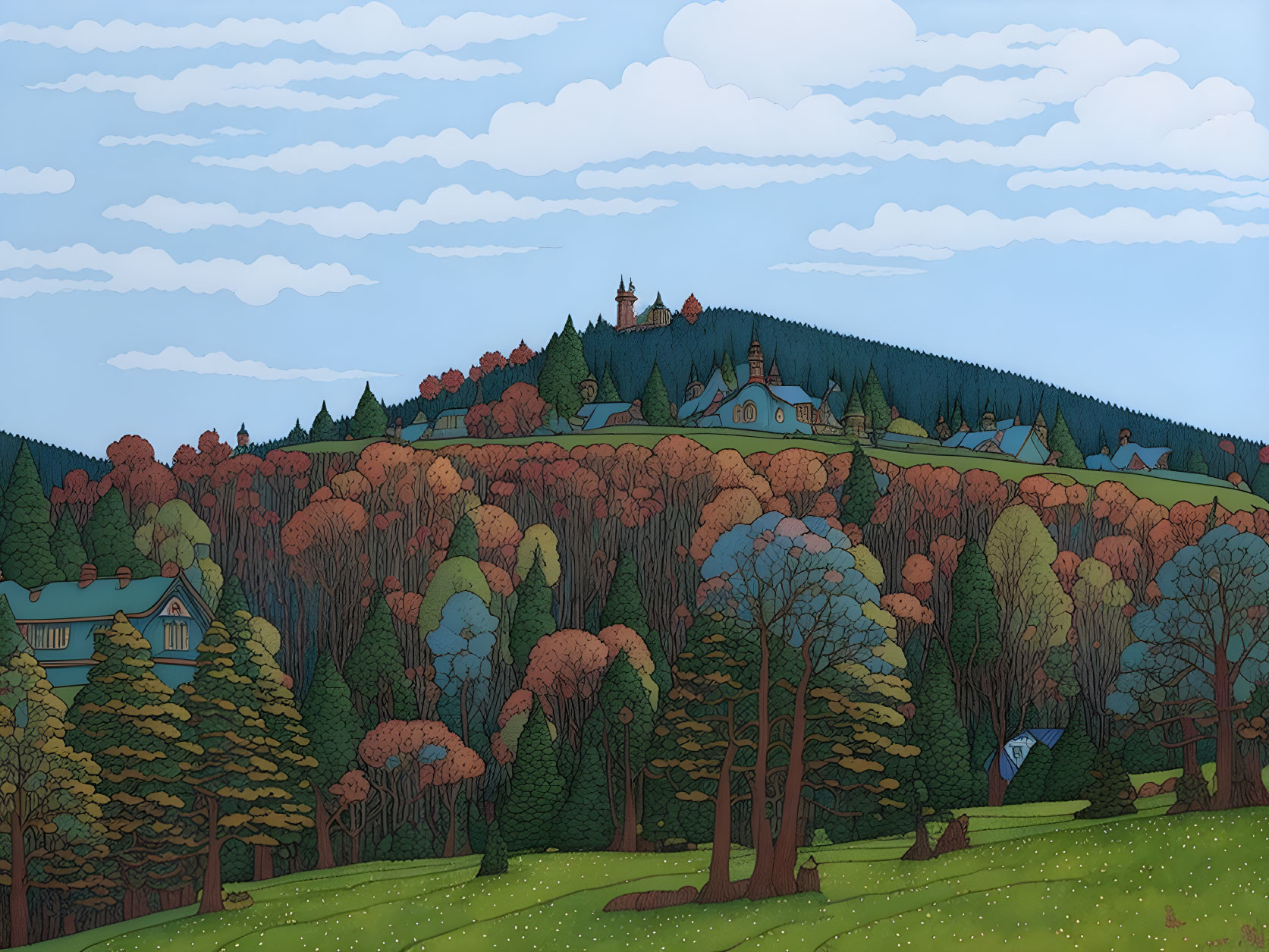 Vibrant stylized autumn landscape with rolling hills and scattered houses