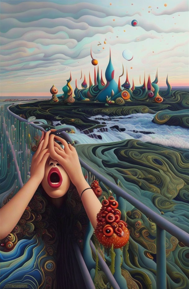 Colorful Surreal Painting of Person with Hands on Face