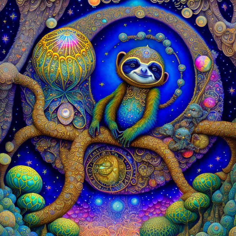 Vibrant surreal illustration of smiling sloth on cosmic branch