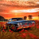 Vintage car parked in red tulip field under dramatic sunset sky