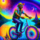 Colorful Psychedelic Art: Stylish Man on Bicycle in Fantastical Universe