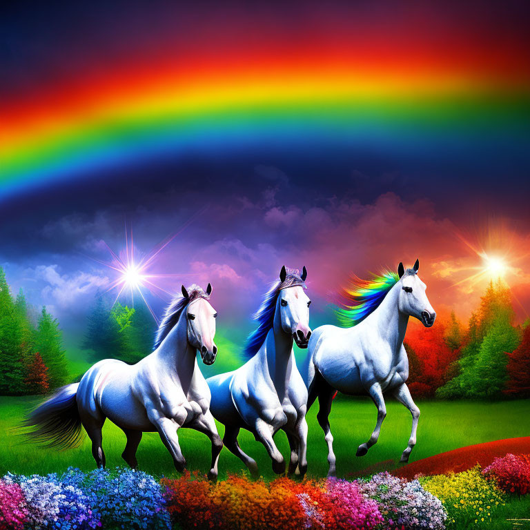 Vibrant landscape with three galloping white horses & rainbow