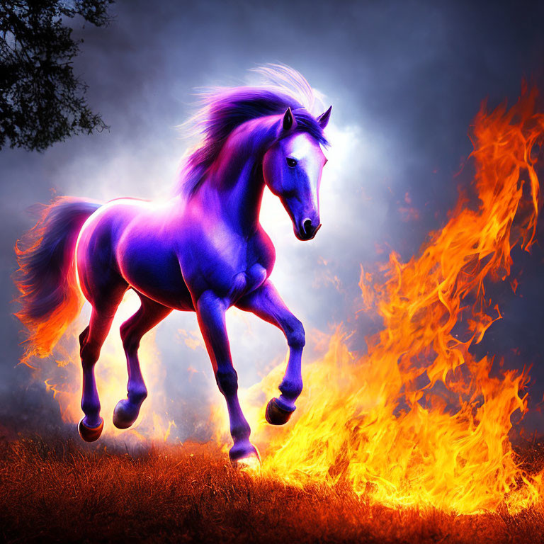 Purple horse with flowing mane beside fiery blaze on dark background