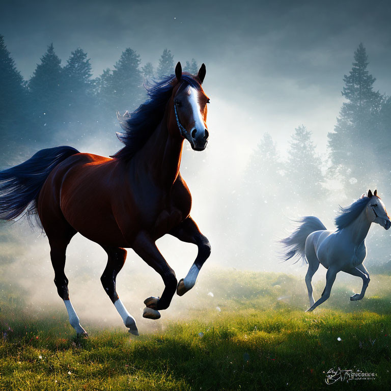 Brown and white horses galloping in misty field with dark trees and dusky sky