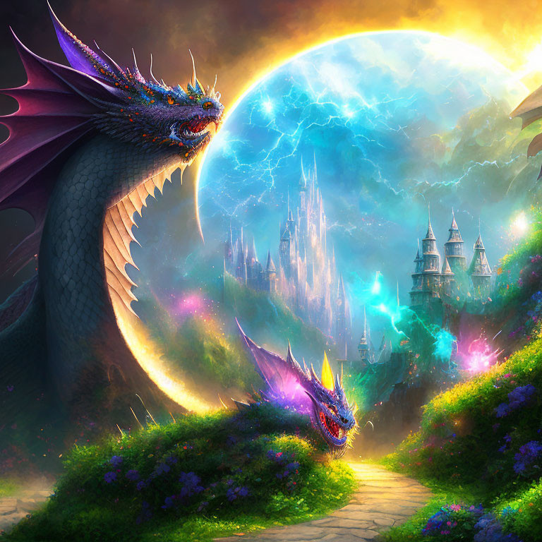 Majestic dragon in fantasy landscape with enchanted castle under full moon
