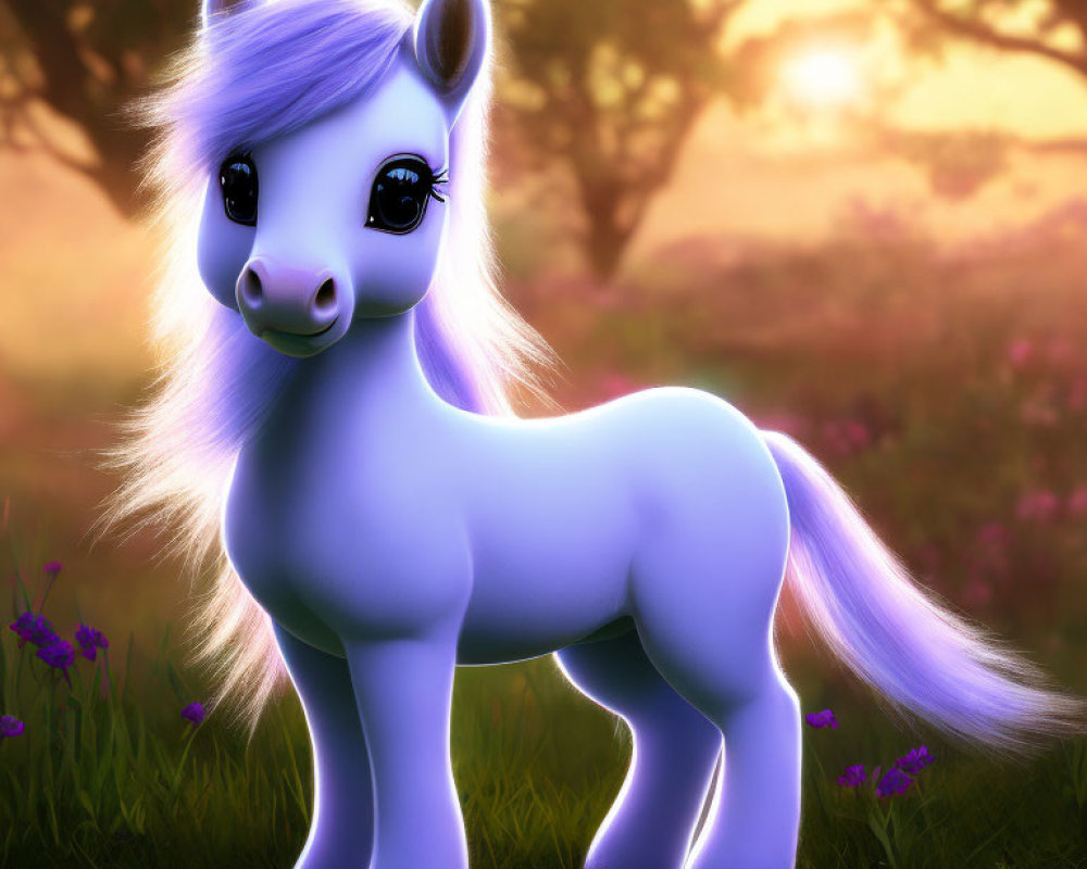 Purple pony illustration with flowing mane in meadow at sunrise