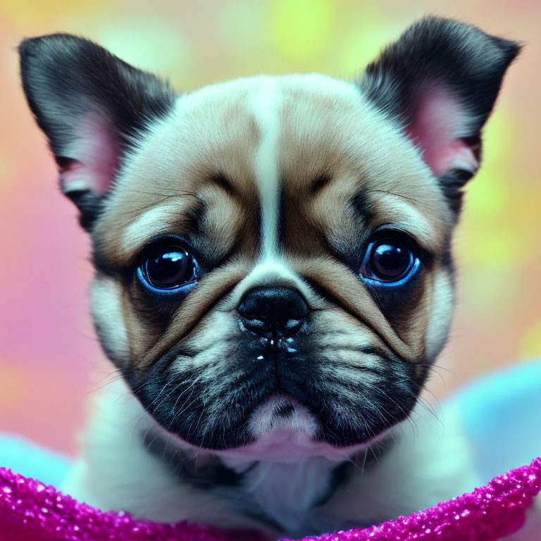 Adorable wrinkled face puppy with expressive eyes on colorful backdrop