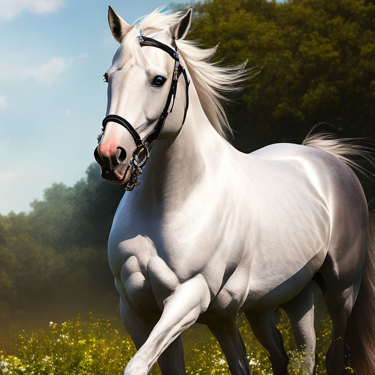 White Horse with Black Bridle Prancing in Sunny Field