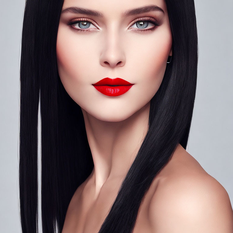 Portrait of Woman with Black Hair, Blue Eyes, and Red Lipstick on Gray Background