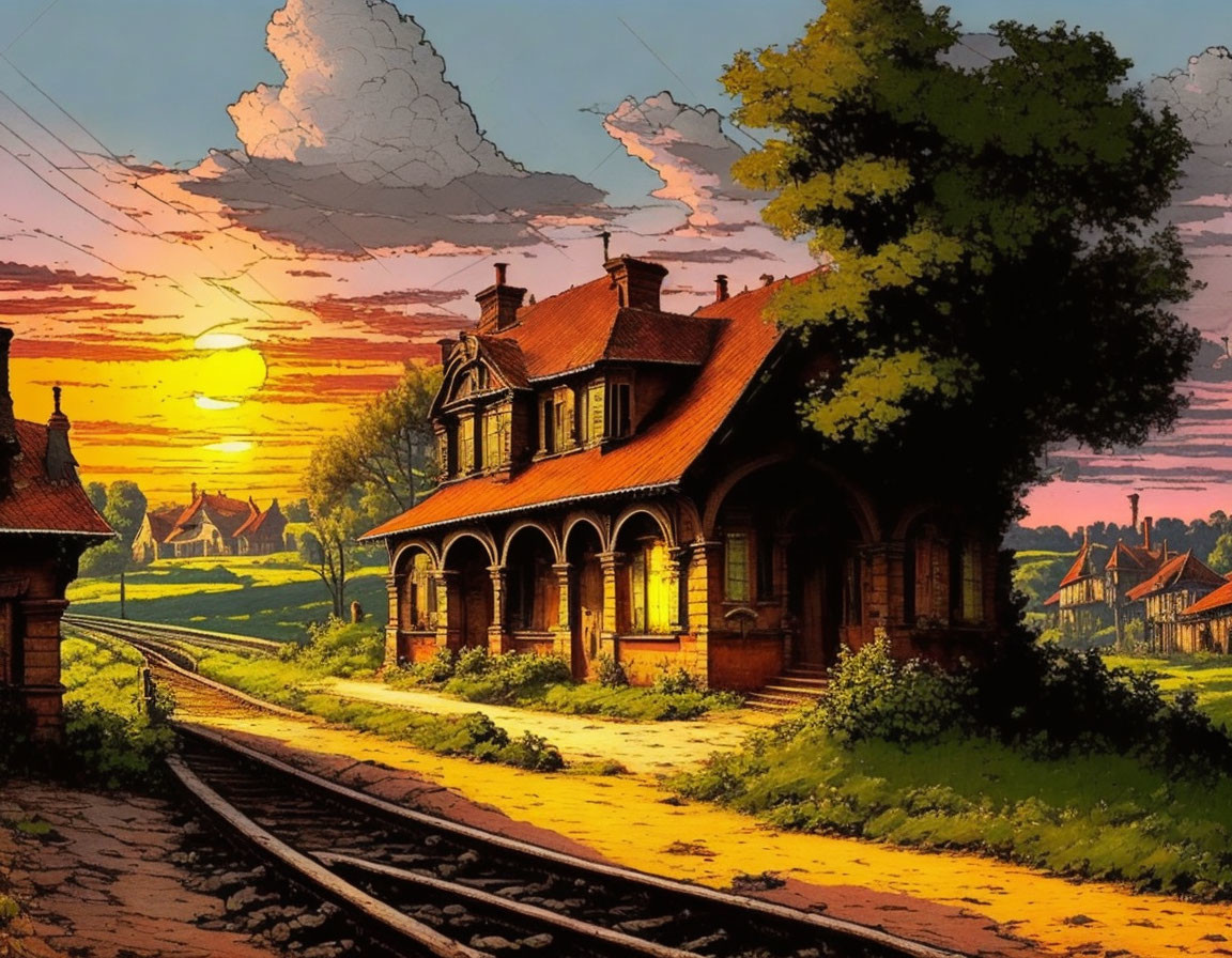 Illustration: Quaint sunset railway station with warm sun glow.