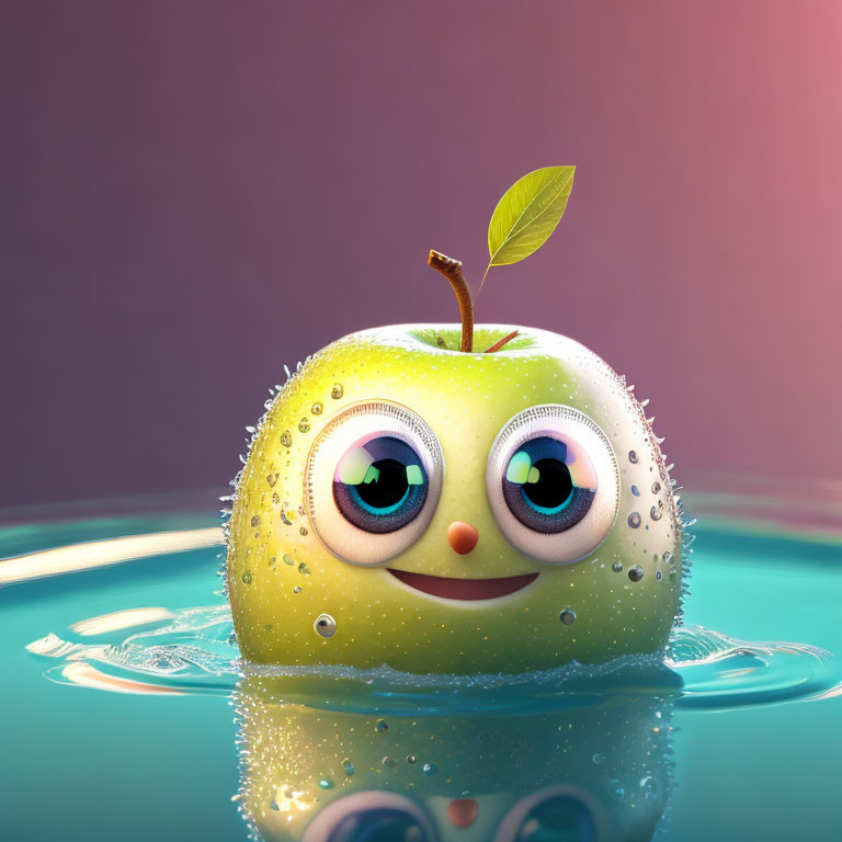 Green anthropomorphic apple with expressive eyes in water against gradient background