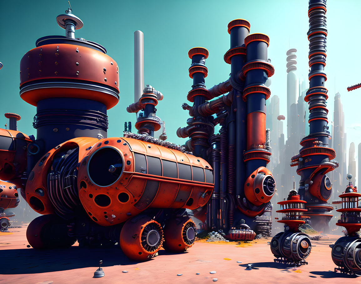 Colorful machinery and tall pipes in futuristic industrial landscape
