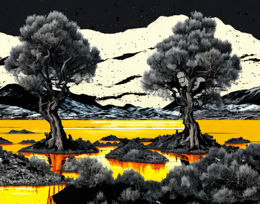 Stylized image of two trees, yellow river, monochrome mountains, starry sky