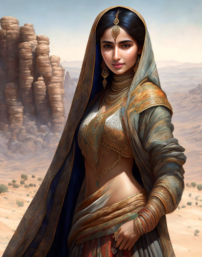 Traditional Indian Attire Woman Digital Painting in Desert Setting