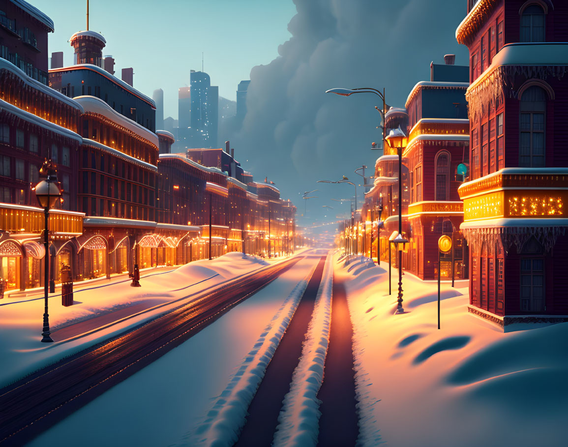 Victorian-style buildings on snow-covered street under twilight sky