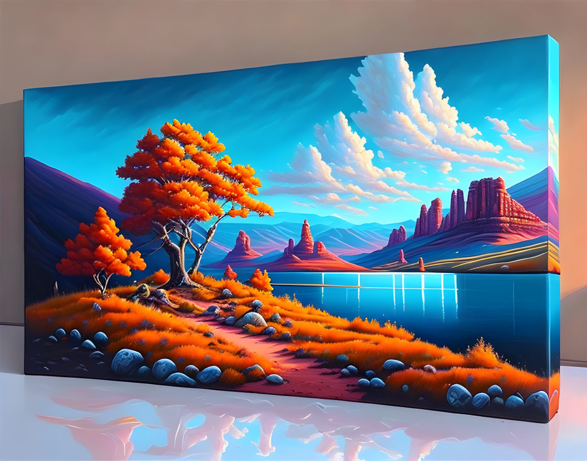 Surreal landscape painting with orange trees, blue waters, and rock formations on canvas in glowing room