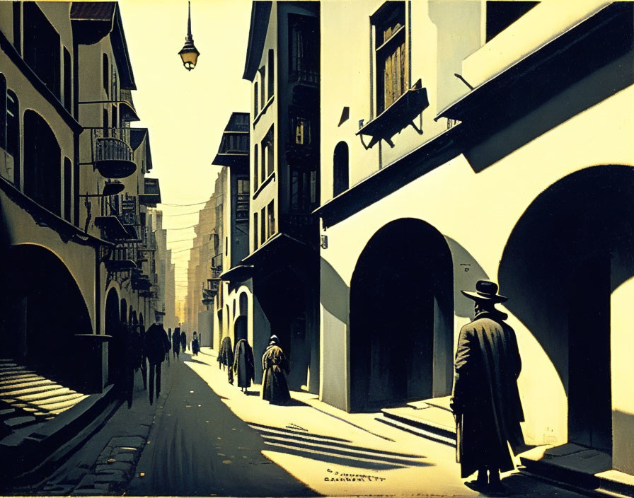 Shadowy figures in narrow sunlit street with traditional architecture