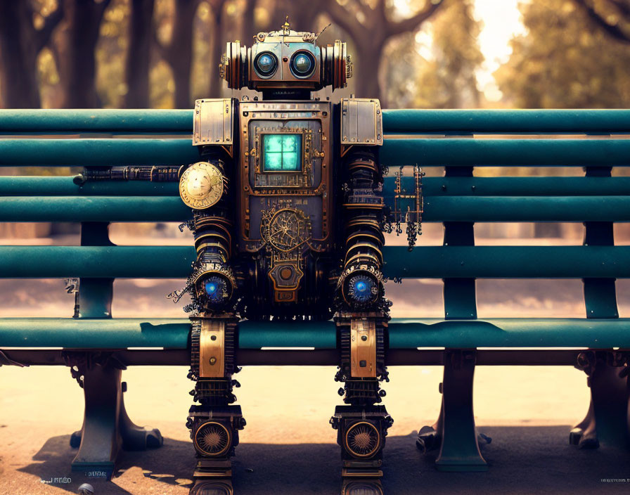 Steampunk-style robot with gears on park bench surrounded by trees