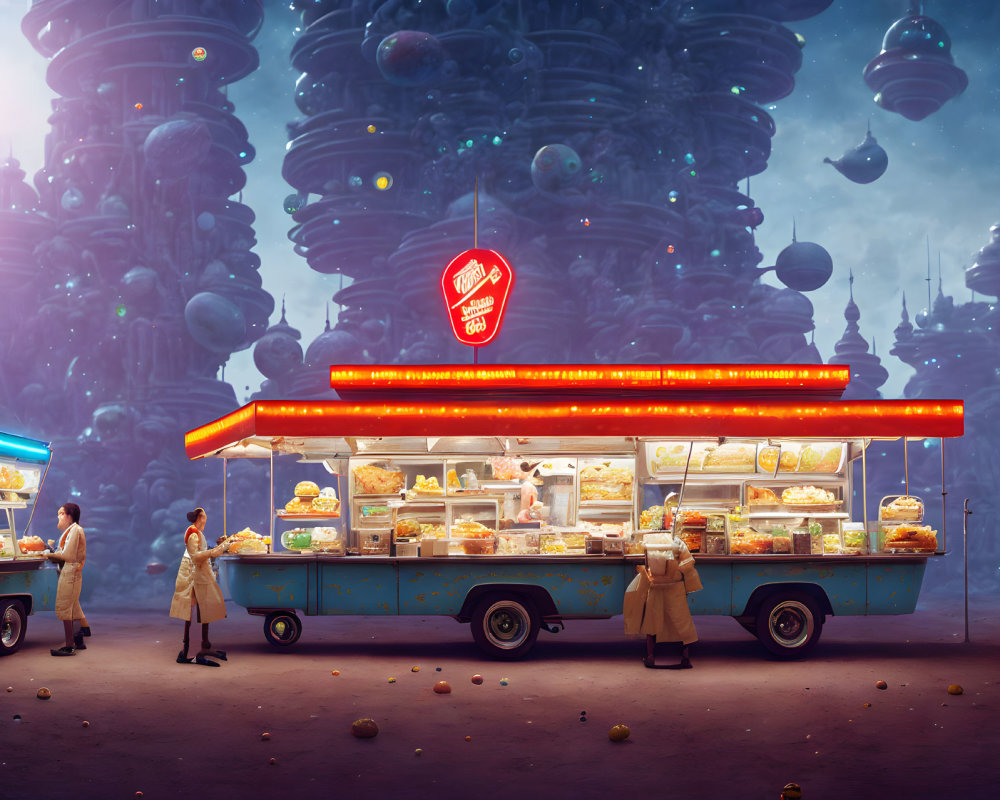 Neon-lit retro-futuristic food truck in alien cityscape