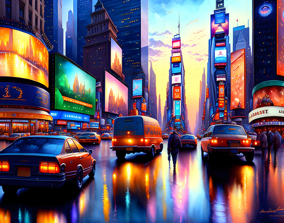 Colorful cityscape with neon signs, traffic, and twilight sky