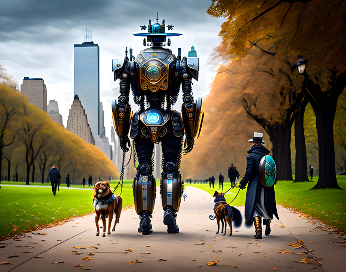 Person, dogs, and robot walking in autumnal park with city skyline.
