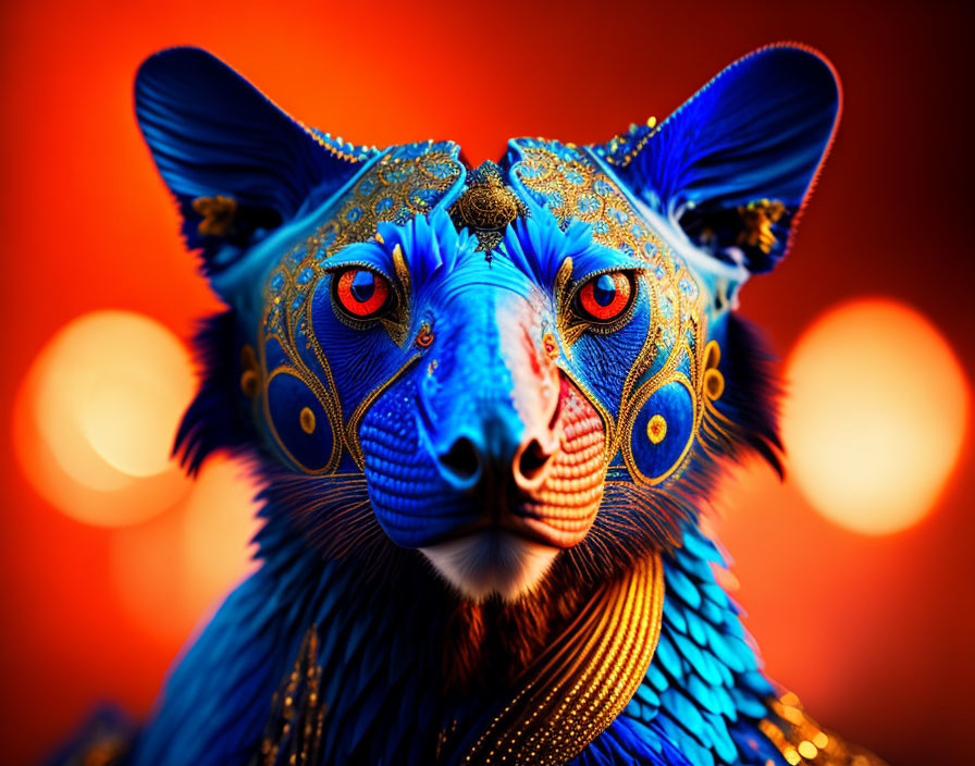 Detailed Blue Fur and Striking Red Eyes on Ornate Animal Artwork