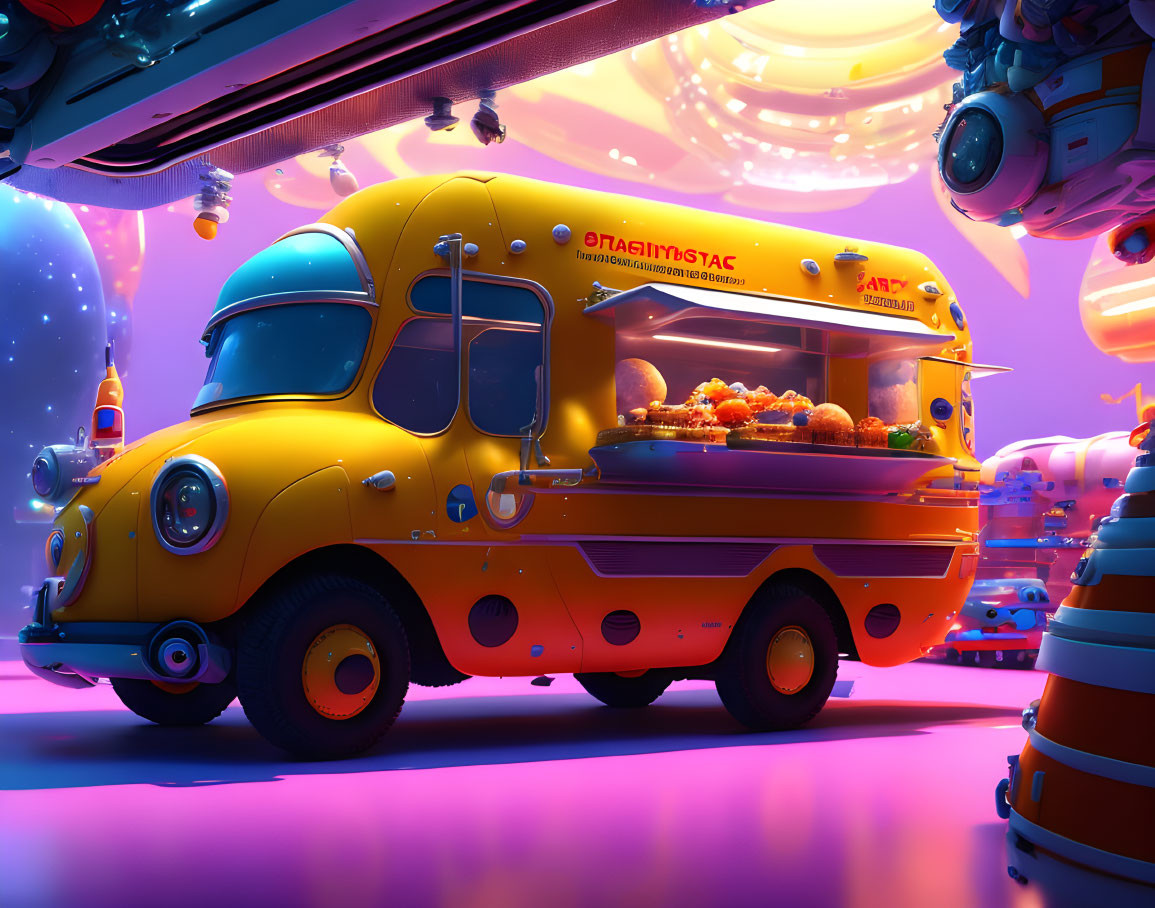 Colorful 3D illustration of a yellow food truck 'Tastybystac' in a