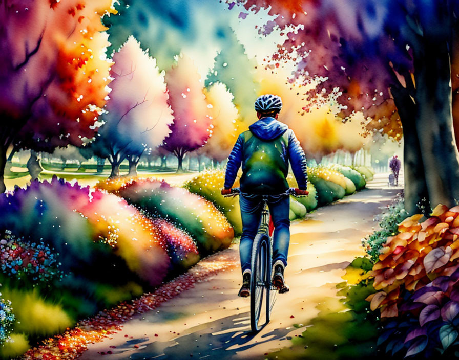 Colorful Watercolor Painting of Cyclist in Autumn Landscape