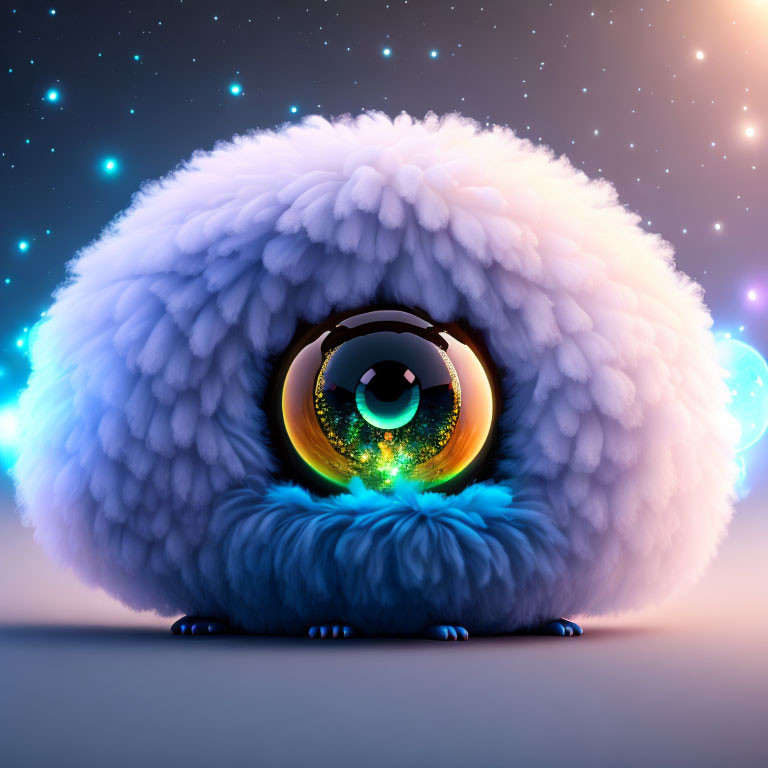 Fluffy creature with large eye in twilight-colored setting