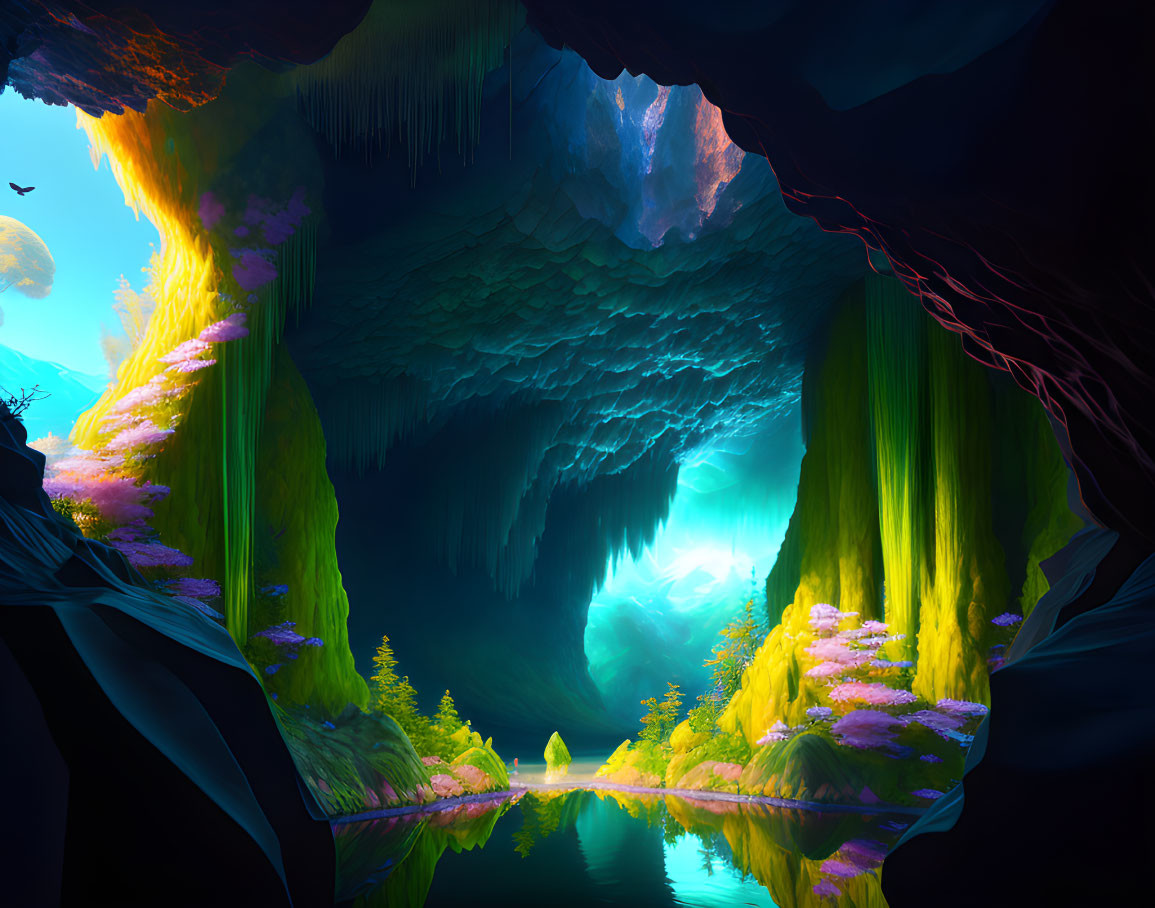 Fantastical cave with luminous plants, stalactites, and serene lake