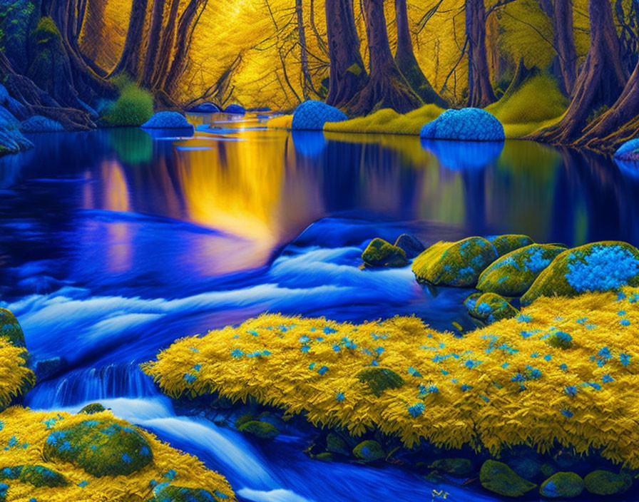 Serene blue river in yellow-flowered forest with moss-covered stones
