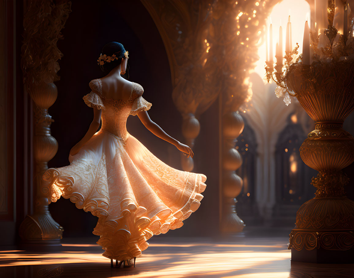 Woman in white dress twirling in candlelit hall with ornate arches