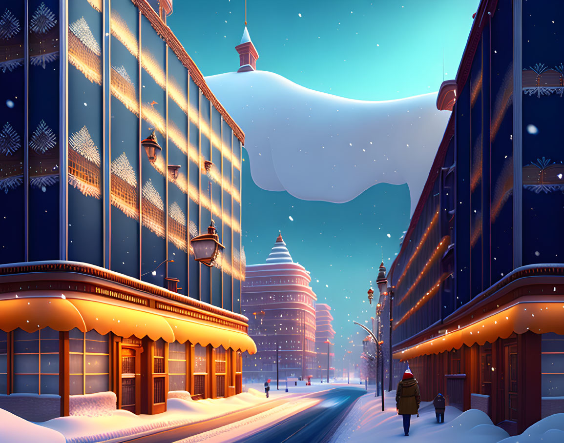 Snowy City Scene: Twilight with Illuminated Buildings and Snow-Covered Rooftops
