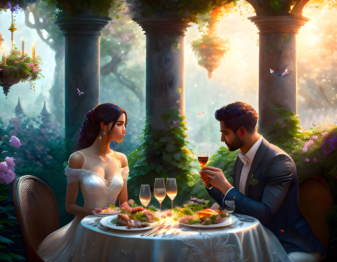 Romantic dinner in enchanted forest with lush greenery