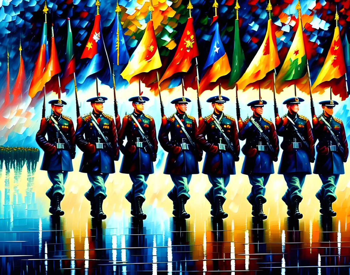 Colorful military parade with marching soldiers and flags under vibrant sky