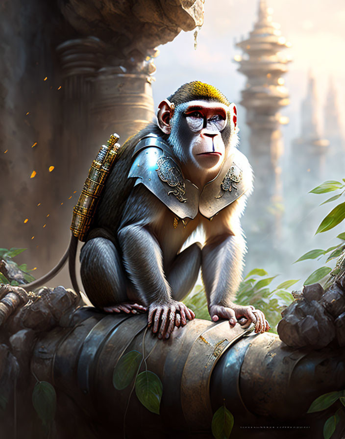 Regal monkey in ornate armor on pipe in misty ancient ruins