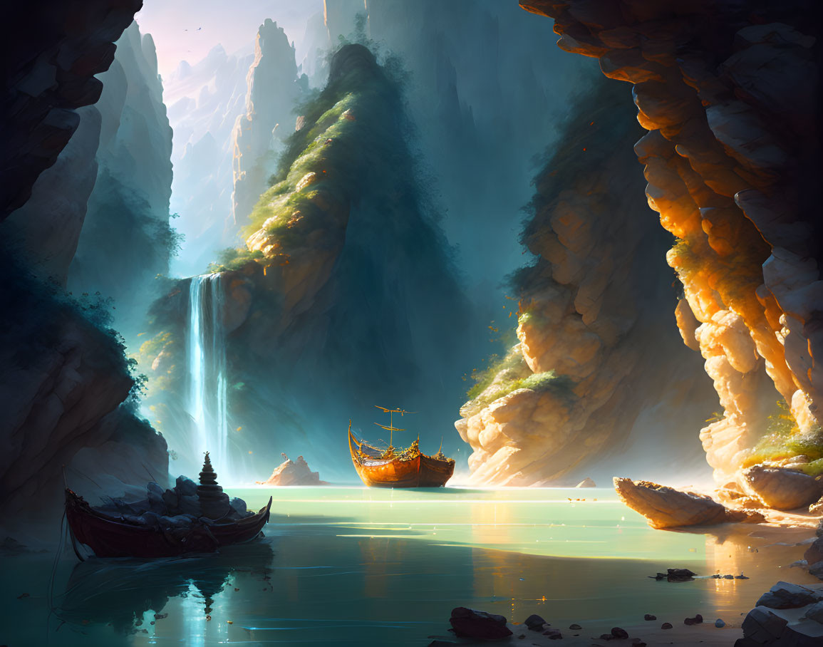 Tranquil fantasy landscape with waterfall, lagoon, cliffs, and boats